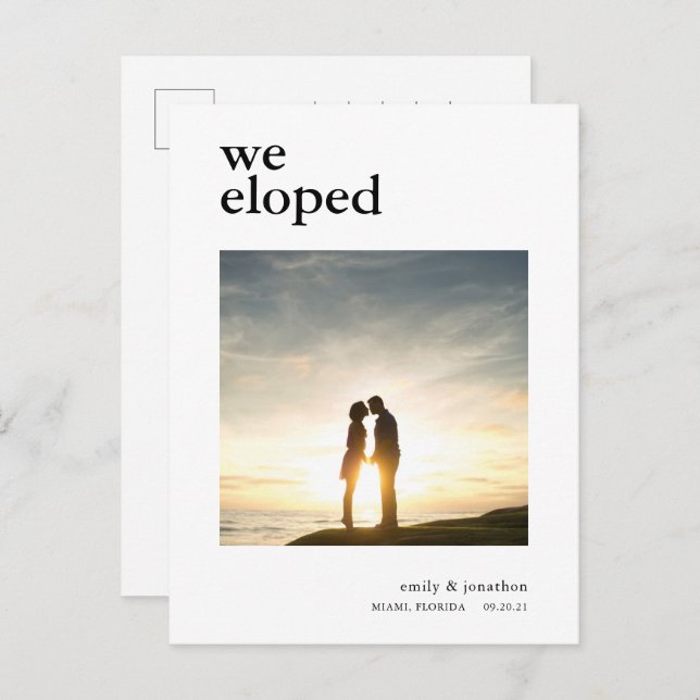 Minimal We Eloped Announcement Photo Black text (Front/Back)