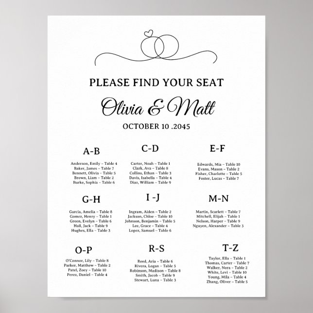 Minimal Wedding Alphabetical Seating Chart Poster (Front)