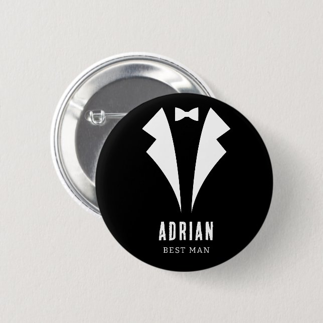 Minimal Wedding Best Man Name Black Tuxedo 6 Cm Round Badge (Front & Back)
