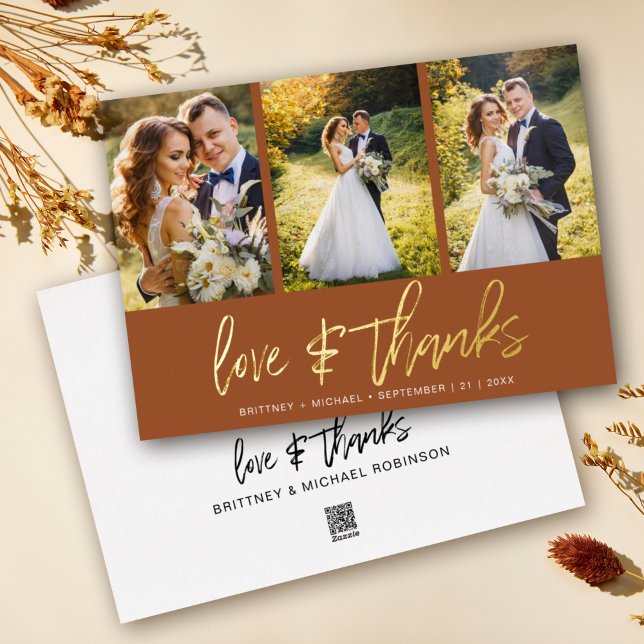 Minimal Wedding Photo Collage Terracotta Thank You (Show your appreciation to your loved ones with an awesome photo thank-you card!)