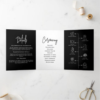 Minimal Wedding Program Black and White Elegant Tri-Fold Programme