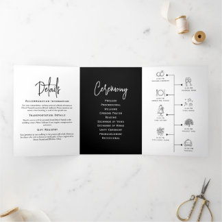 Minimal Wedding Program Black and White Elegant Tri-Fold Programme