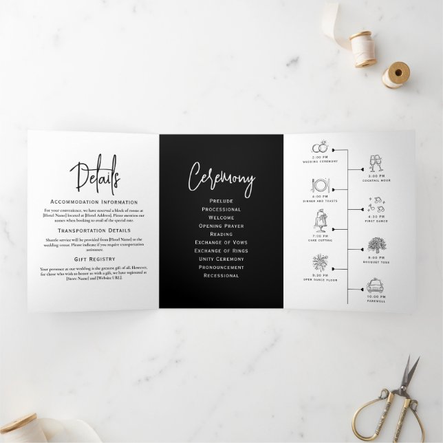 Minimal Wedding Program Black and White Elegant Tri-Fold Programme (Inside)