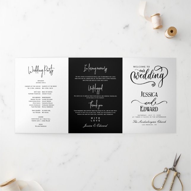 Minimal Wedding Program Black and White Elegant Tri-Fold Programme (Outside)