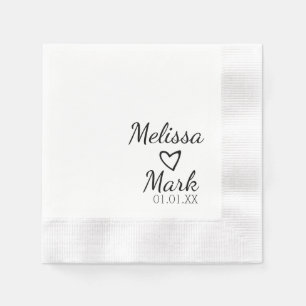 Minimal Wedding Simple Black Heart White Monogram Napkin