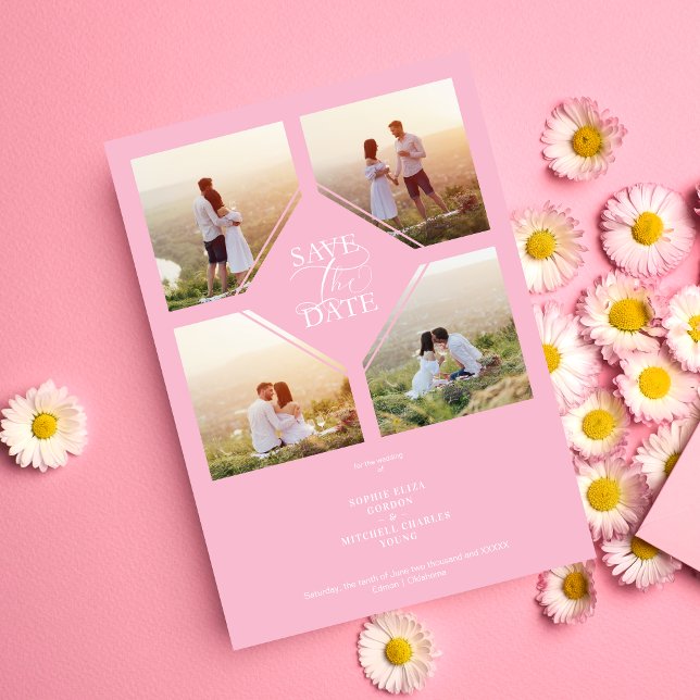Minimal Wedding Soft Blush Pink 4-Photos Collage Save The Date (Minimal Wedding Soft Blush Pink 4-Photos Collage Save the Date Card.)