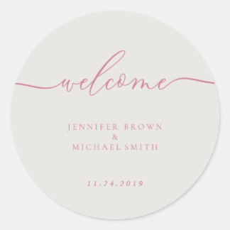Minimal Welcome Simple Signature Pink Classic Round Sticker