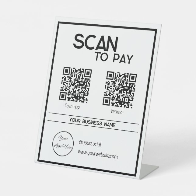 minimal white 2 QR codes simple scan to pay Pedestal Sign (Front)