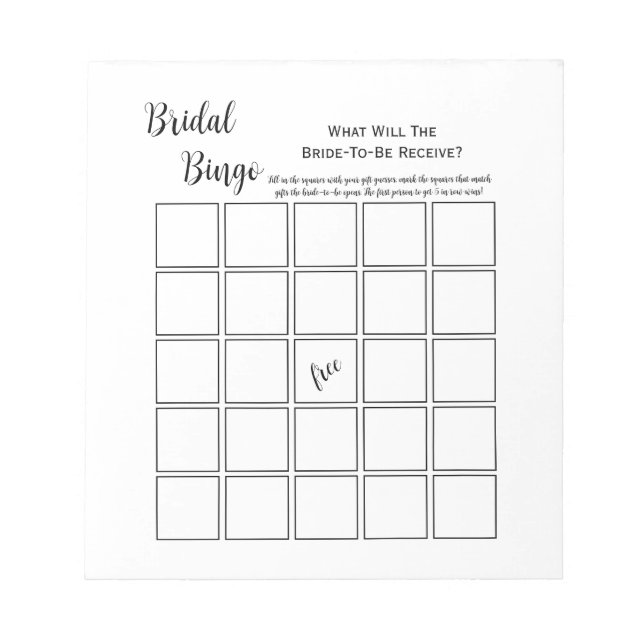 Minimal White Bridal Shower Bingo Party Game Notepad (Front)