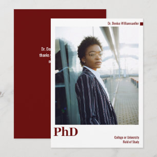 Minimal White Burgundy Photo PhD Graduation Announcement