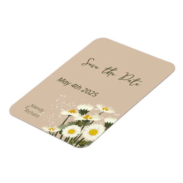 Minimal White Daisy Flowers on Beige Background Magnet (Left Side)