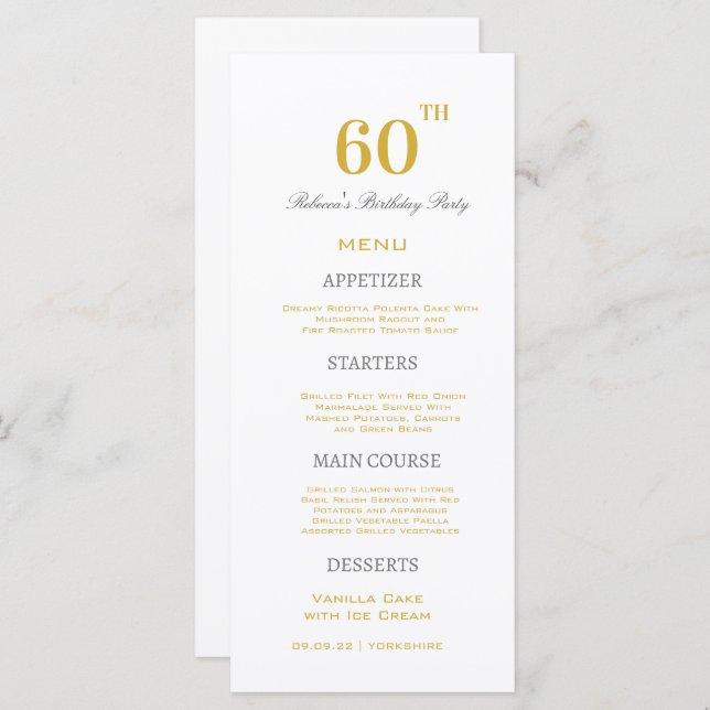 Minimal White & Gold 60th Birthday Party Custom   Menu (Front/Back)