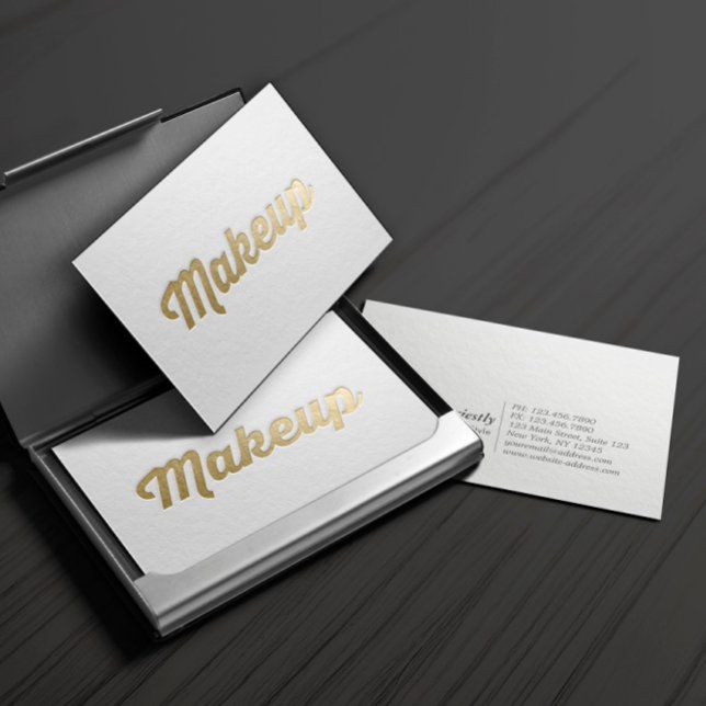 Minimal White & Gold Embossed Text Makeup Artist Business Card (Creator Uploaded)