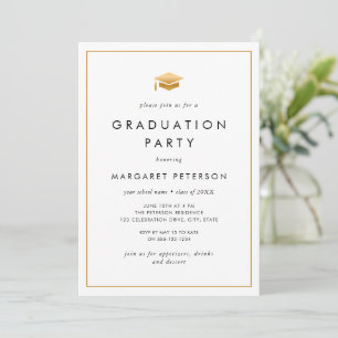 Minimal White Gold Grad Cap Photo Graduation Party Invitation