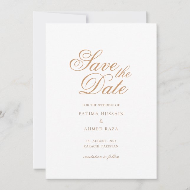 Minimal White Gold Muslim Save The Date Card (Front)