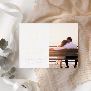 Minimal White Gold Photo Wedding Save the Date Foil Holiday Postcard