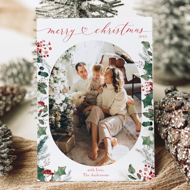 Minimal White Green Oval Photo Christmas Card (Creator Uploaded)