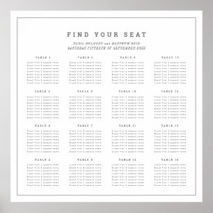 Minimal white grey wedding 16 table seating chart