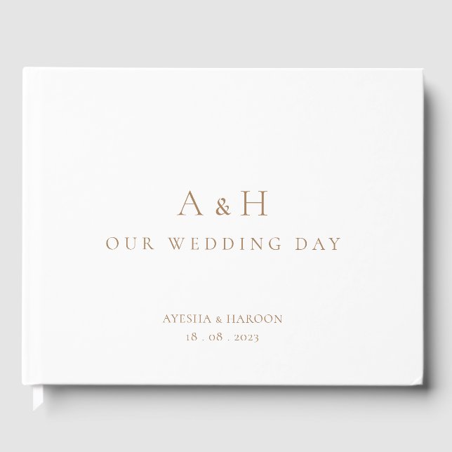 Minimal White Initials Classic Script Gold Muslim Guest Book (Front)