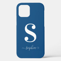 Minimal White Monogram Grey Script Name on Blue