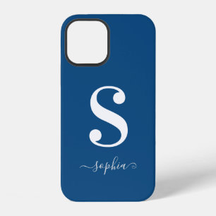 Minimal White Monogram Grey Script Name on Blue iPhone 12 Case