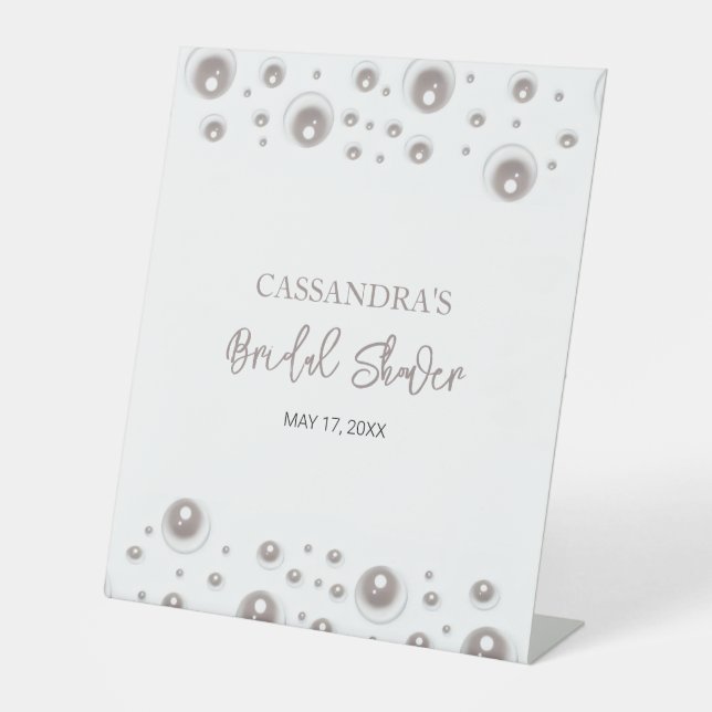 Minimal White Pearl Bridal Shower  Pedestal Sign (Front)