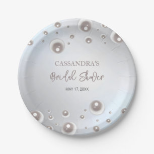 Minimal White Pearl Silver Bridal Shower Paper Plate