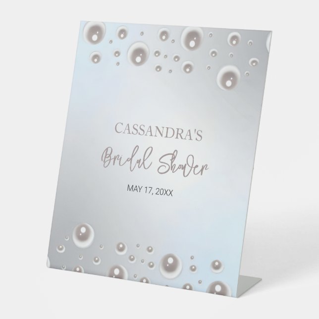 Minimal White Pearl Silver Bridal Shower  Pedestal Sign (Front)