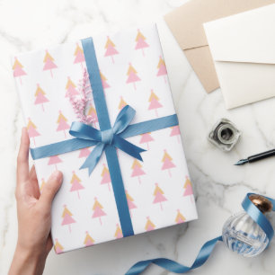 Minimal White Pink Yellow Christmas Tree  Wrapping Paper