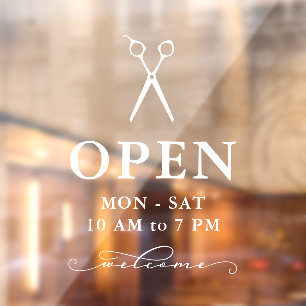 Minimal White Scissors Welcome Open Hours Window C