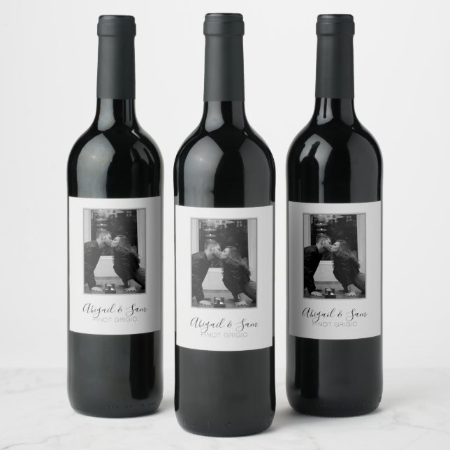 Minimal White Script Photo with black frame Wine Label (Bottles)