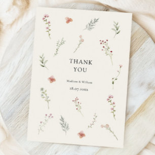 Minimal Wildflower Beige Boho Floral Wedding Thank You Card