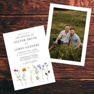 Minimal Wildflower Gay Pride Floral Photo Wedding Invitation