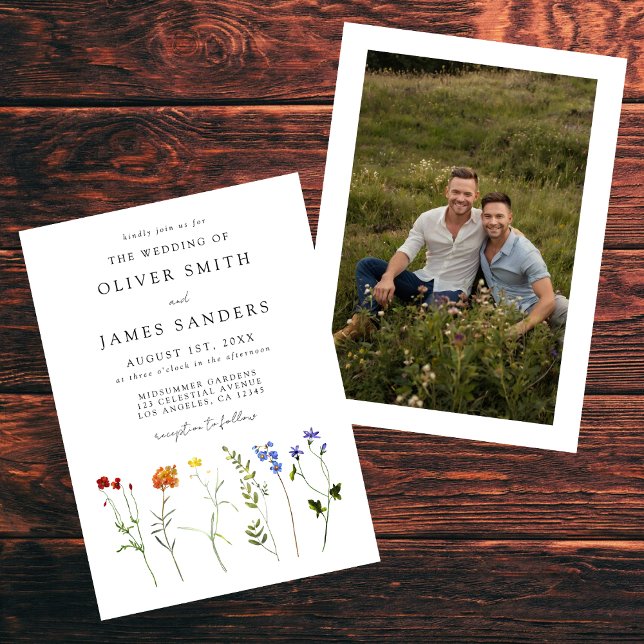 Minimal Wildflower Gay Pride Floral Photo Wedding Invitation (Creator Uploaded)