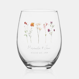 Minimal Wildflower Lesbian Pride Floral Wedding Stemless Wine Glass