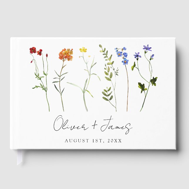 Minimal Wildflower LGBTQ Gay Pride Floral Wedding Guest Book (Front)