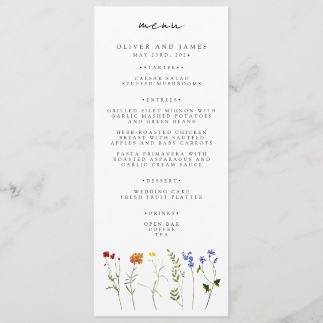 Minimal Wildflower LGBTQ Gay Pride Floral Wedding Menu (Front)