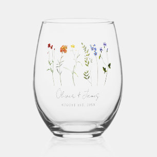 Minimal Wildflower LGBTQ Gay Pride Floral Wedding Stemless Wine Glass