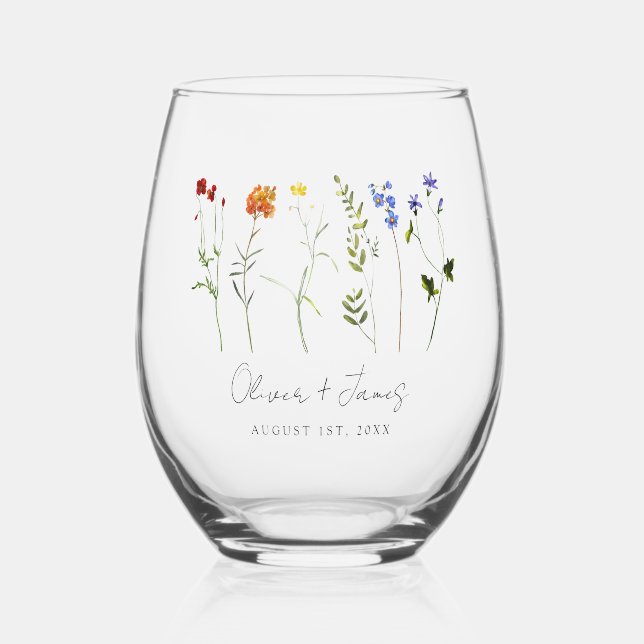 Minimal Wildflower LGBTQ Gay Pride Floral Wedding Stemless Wine Glass (Front)