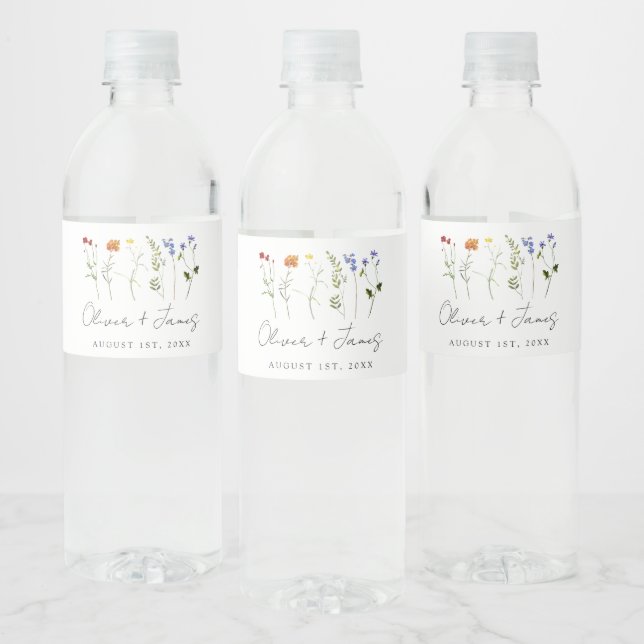 Minimal Wildflower LGBTQ Gay Pride Floral Wedding Water Bottle Label (Bottles)