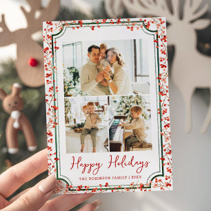Minimal Winter Berries Happy Holidays 3 Photo Holiday Card
