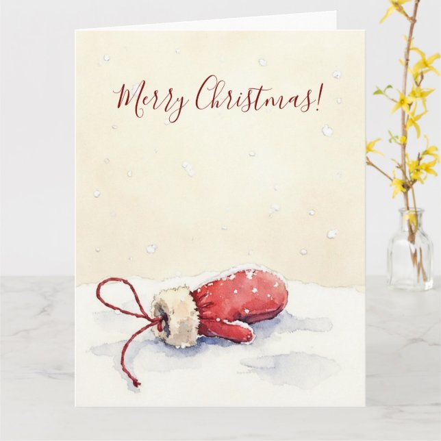 Minimal Winter Mitten Watercolor Christmas Art Card (Yellow Flower)