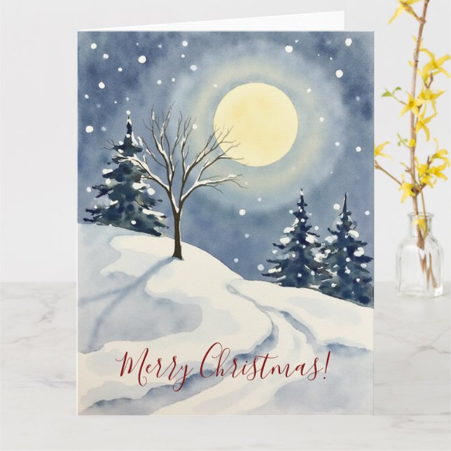 Minimal Winter Moon Watercolor Christmas Art Card (Yellow Flower)