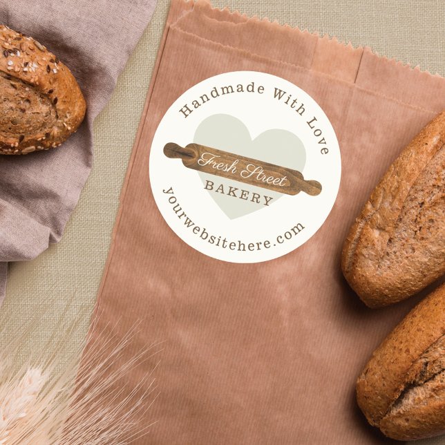 Minimal Wooden Rolling Pin Bakery Logo Classic Round Sticker (Minimal Wooden Rolling Pin Bakery Logo Classic Round Sticker)