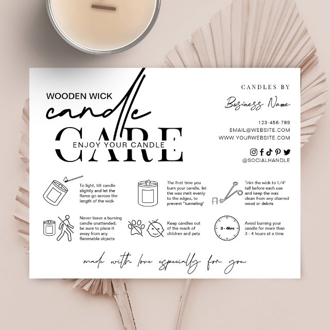 Minimal Wooden Wick Candle Care Instructions Thank You Card (Minimal wooden wick candle care instructions cards with care icons and space for your logo)