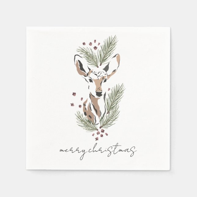 Minimal Woodland Deer Watercolor Christmas Holiday Napkin (Front)