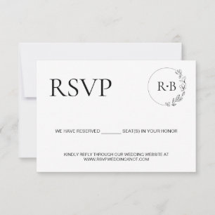 Minimal wreath Monogram Black and white wedding RSVP Card