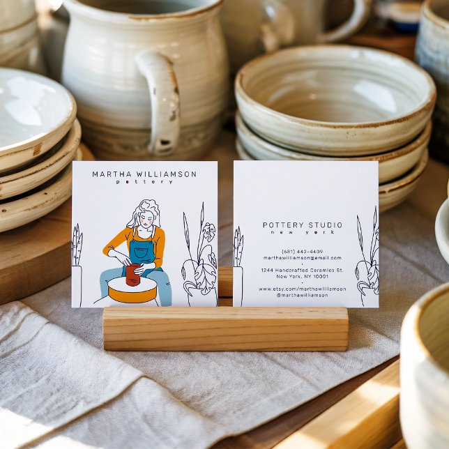 Minimal yellow blue woman illustration pottery square business card (Minimal yellow blue woman illustration pottery)