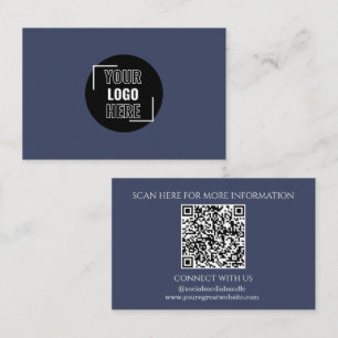 Minimal Your Logo Here Navy Blue QR Code Business Card