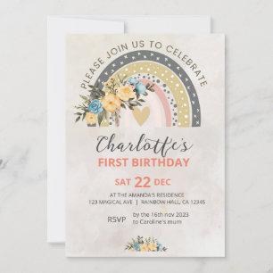 Minimali Pompas Grass Retro Rainbow Boho Birthday  Invitation